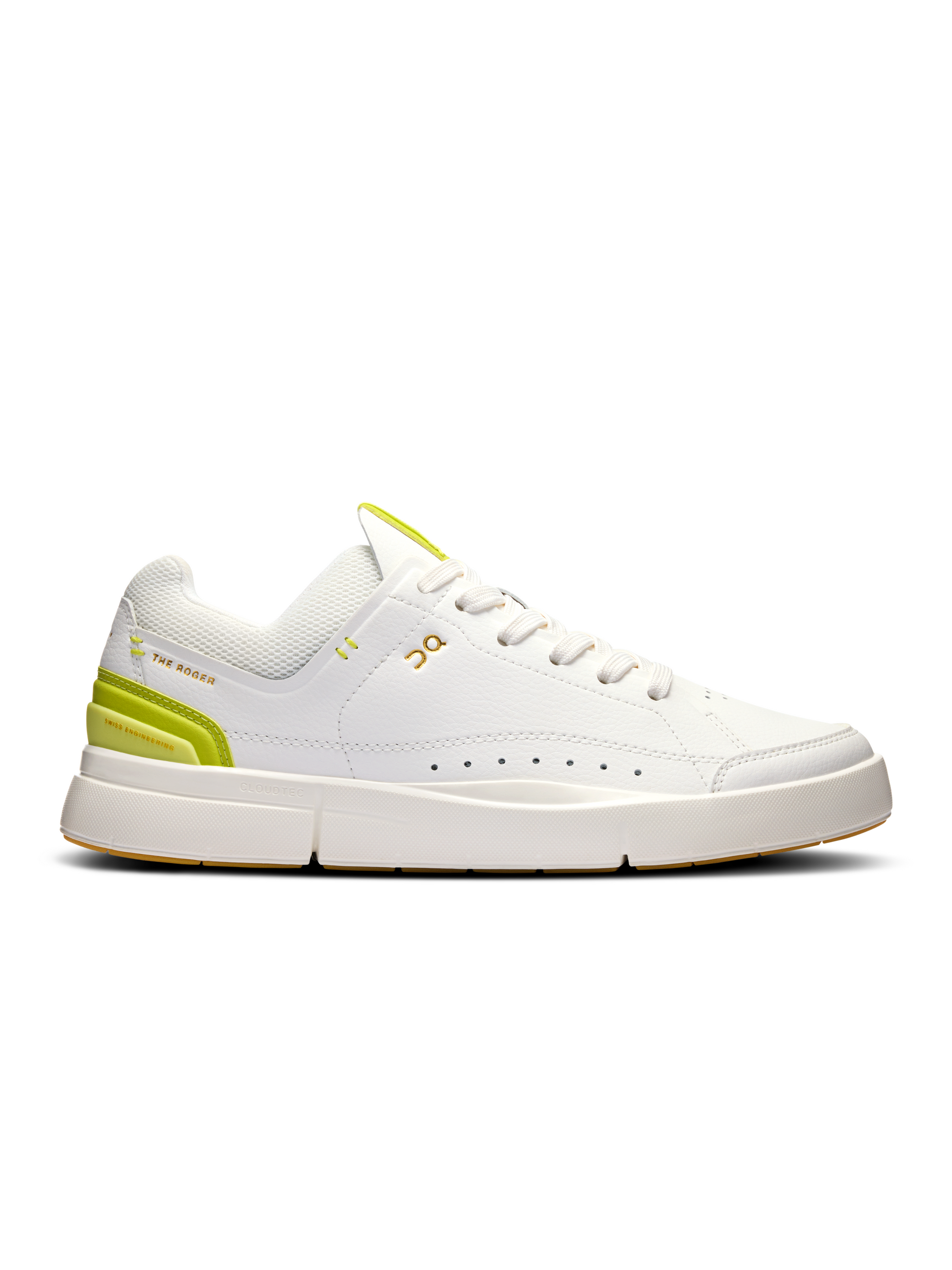 Side view on white background of Womens On The Roger Centre Court 2 running shoe in White/Limelight, Medium (Regular) width