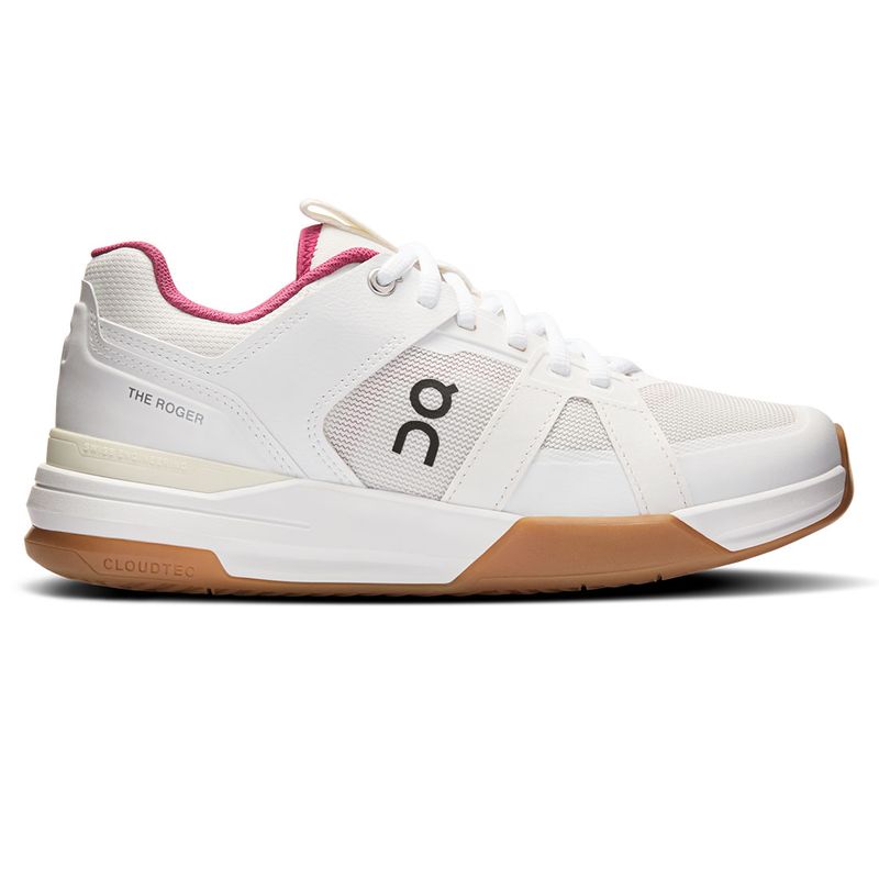 Side view on white background of Womens On The Roger Clubhouse Pro running shoe in Ivory/Grenadine, Medium (Regular) width