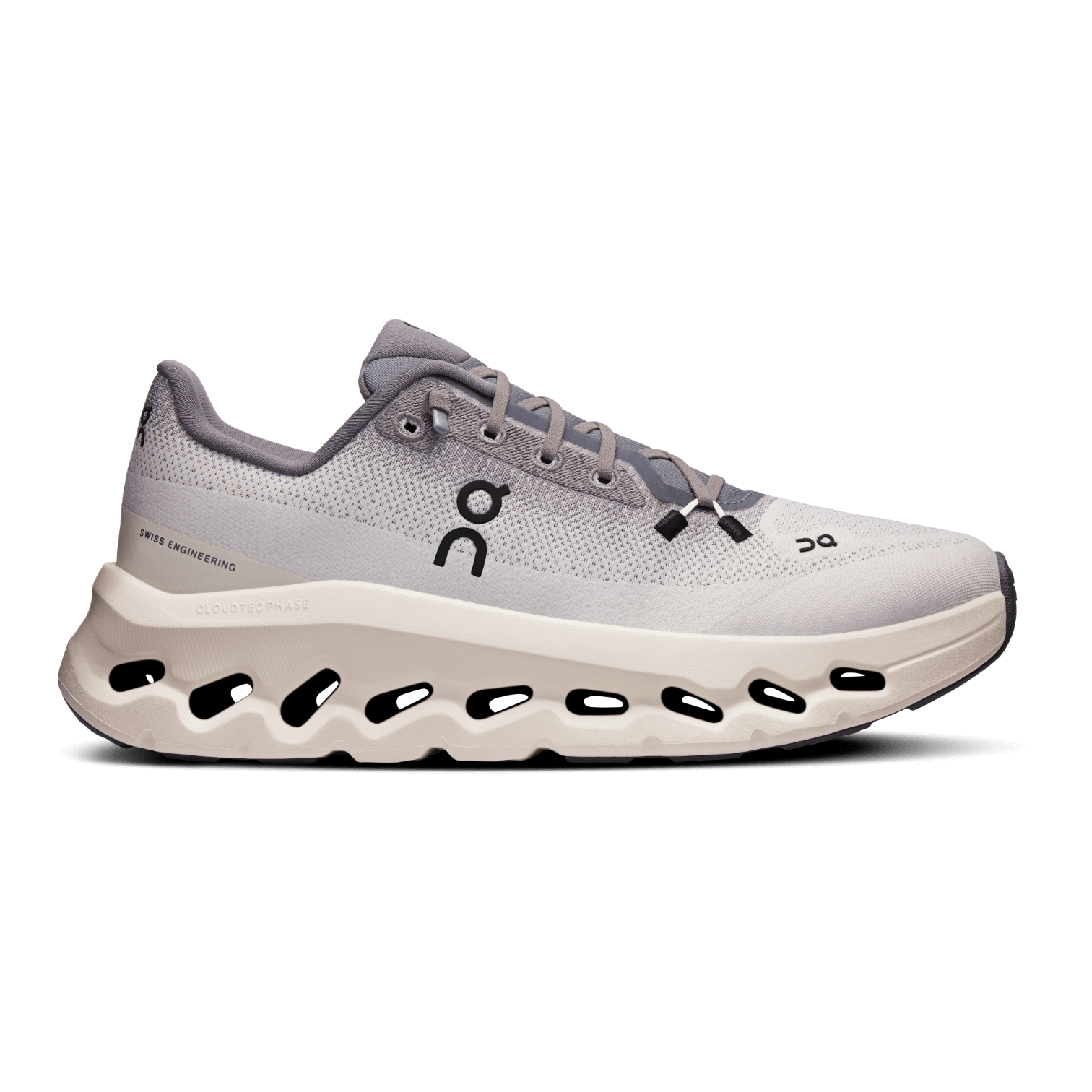 Side view on white background of Womens On Cloudtilt running shoe in Rock/Ivory, Medium (Regular) width