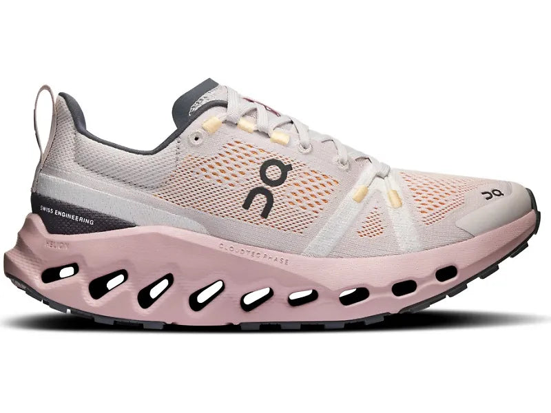 Side view on white background of Womens On Cloudsurfer Trail running shoe in Silver/Mauve, Medium (Regular) width