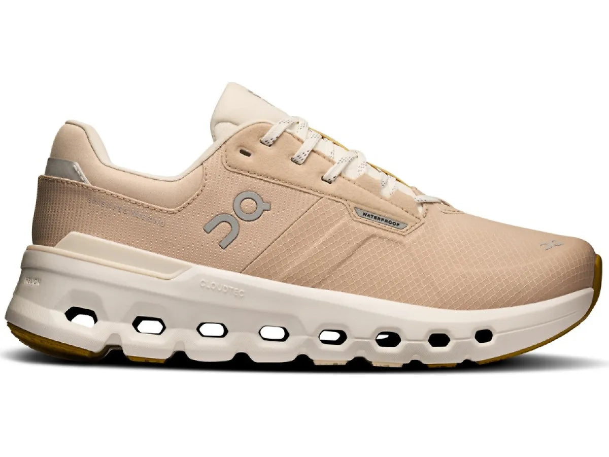 Side view on white background of Womens On Cloudrunner 2 Waterproof running shoe in Sand/Dew, Medium (Regular) width