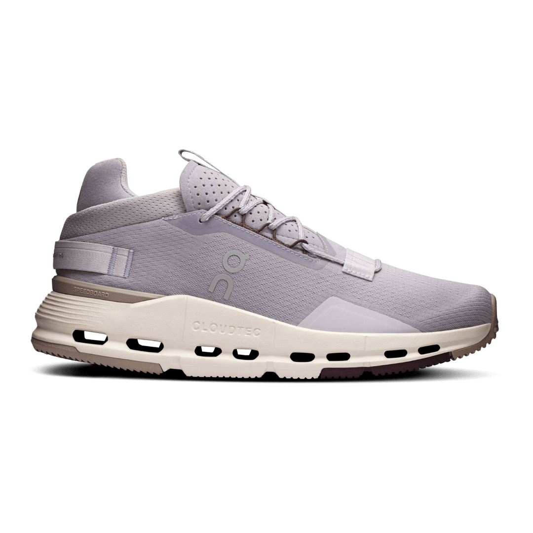 Side view on white background of Womens On Cloudnova 2 running shoe in Fade/Desert, Medium (Regular) width