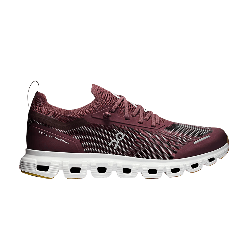 Side view on white background of Womens On Cloud 6 Versa running shoe in Mulberry/White, Medium (Regular) width