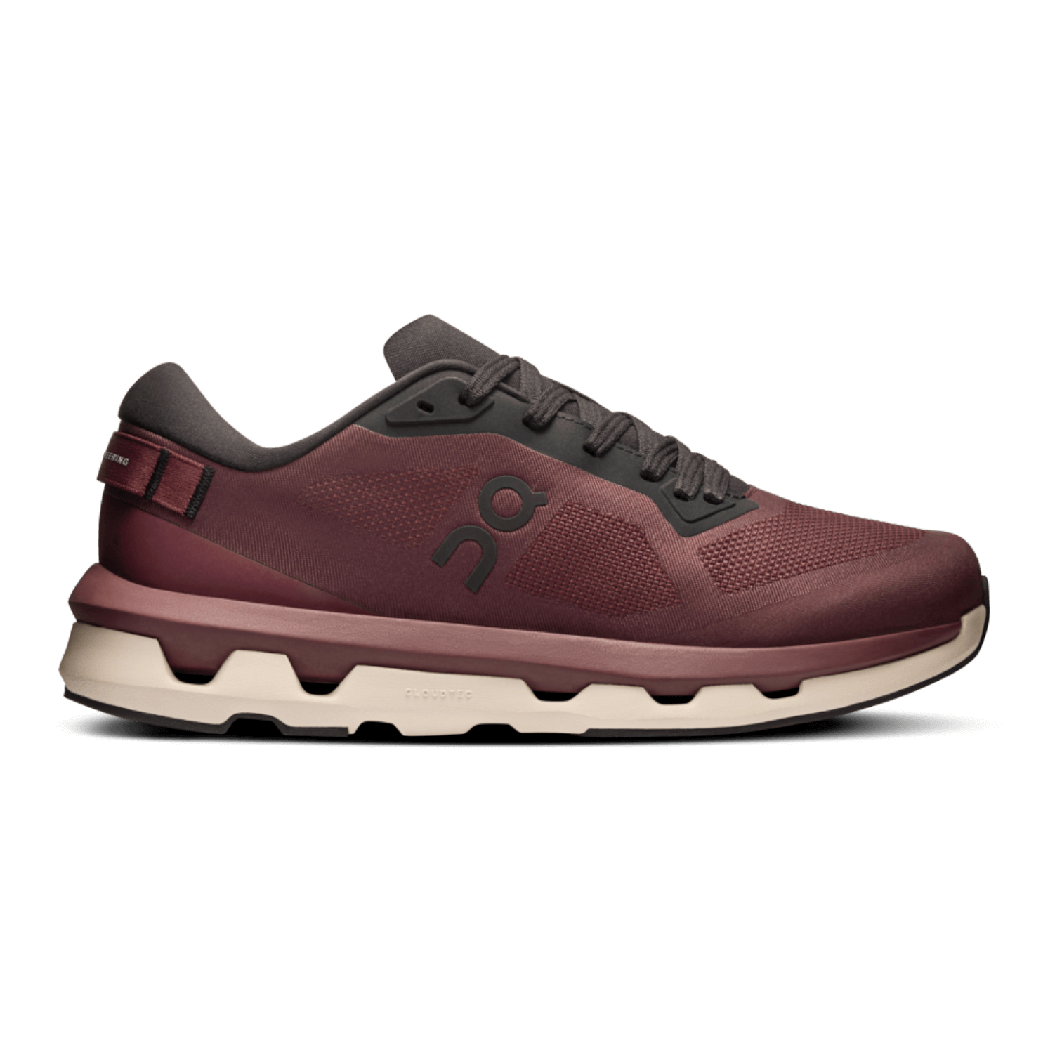 Side view on white background of Womens On Cloudzone running shoe in Mulberry/Black, Medium (Regular) width