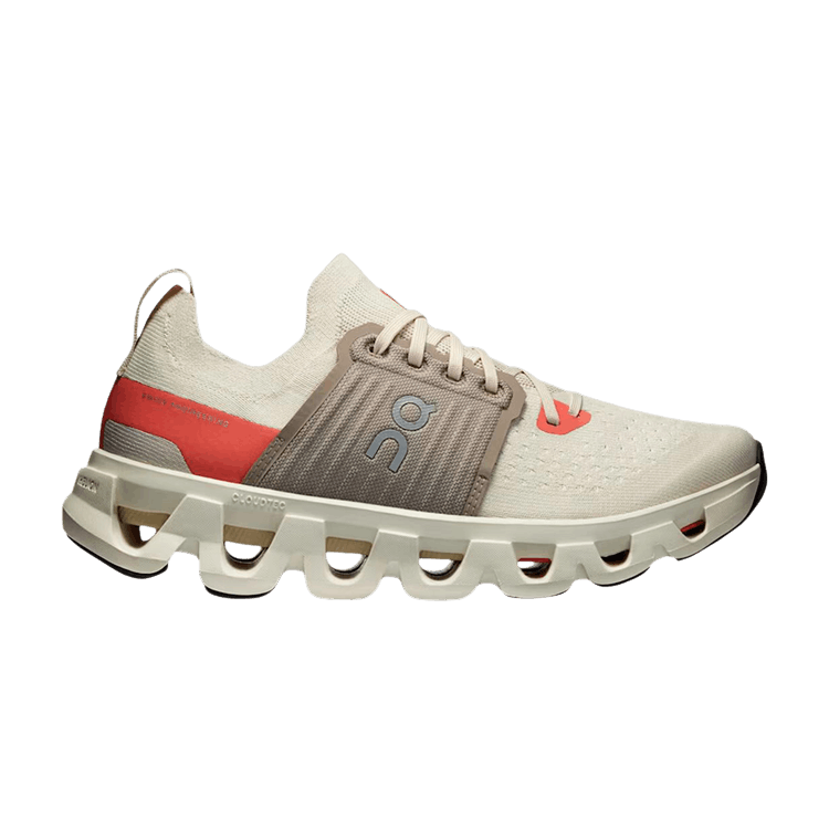 Side view on white background of Womens On Cloudswift 4 running shoe in Cream/Salmon, Medium (Regular) width