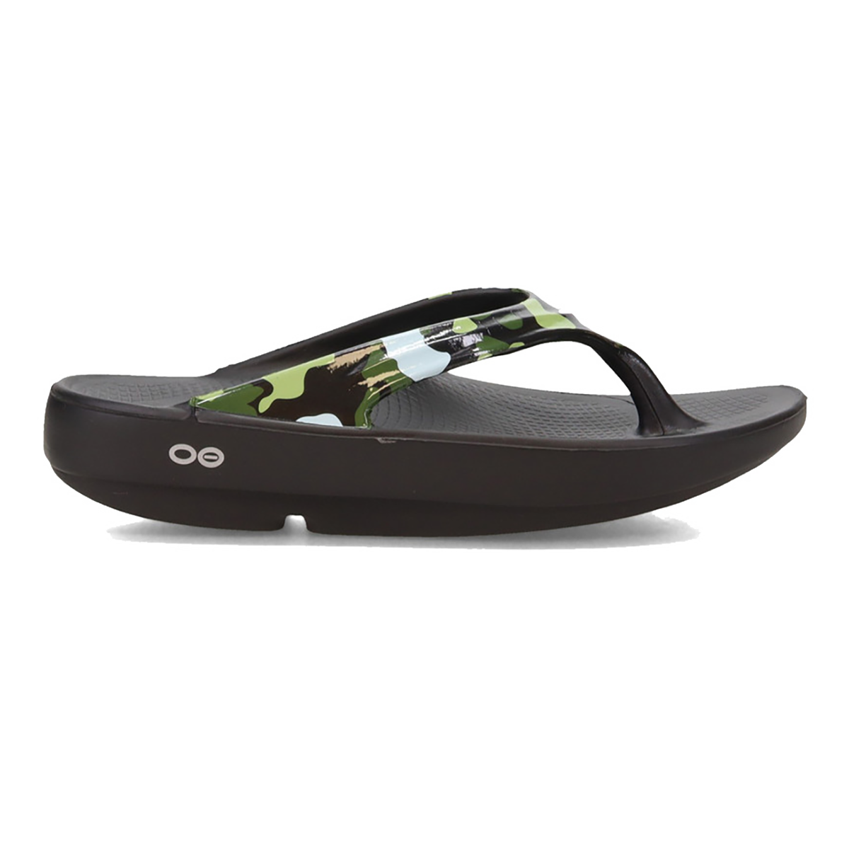 Side view on white background of Womens OOFOS OOlala Limited Sandal running shoe in Jungle Camo, Medium (Regular) width
