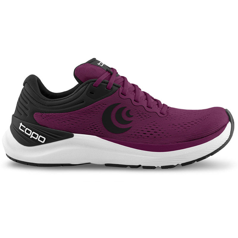 Side view on white background of Womens Topo Athletic Ultrafly 4 running shoe in Wine/Black, Medium (Regular) width