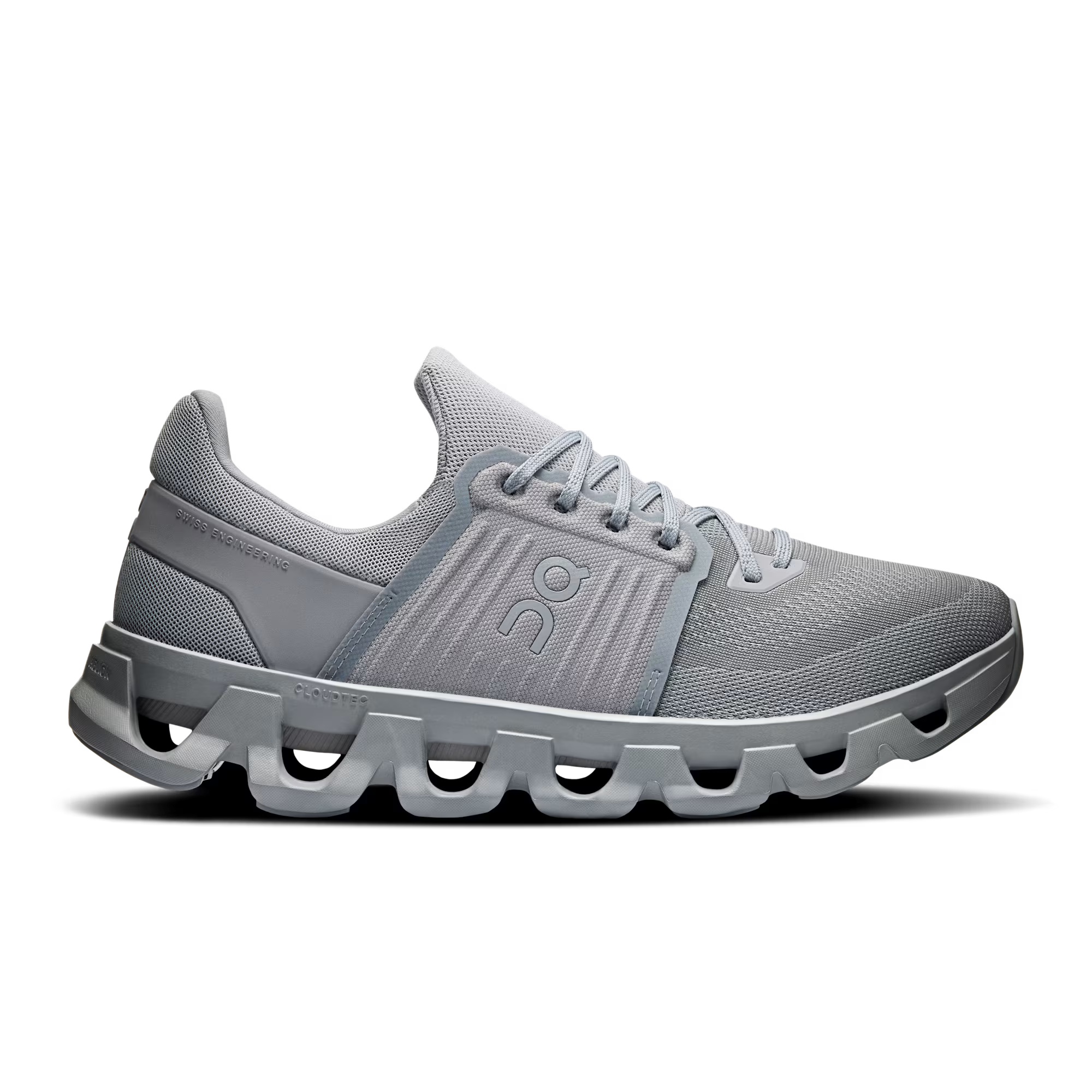Side view on white background of Mens On Cloudswift 4 AD running shoe in Alloy/Frost, Medium (Regular) width