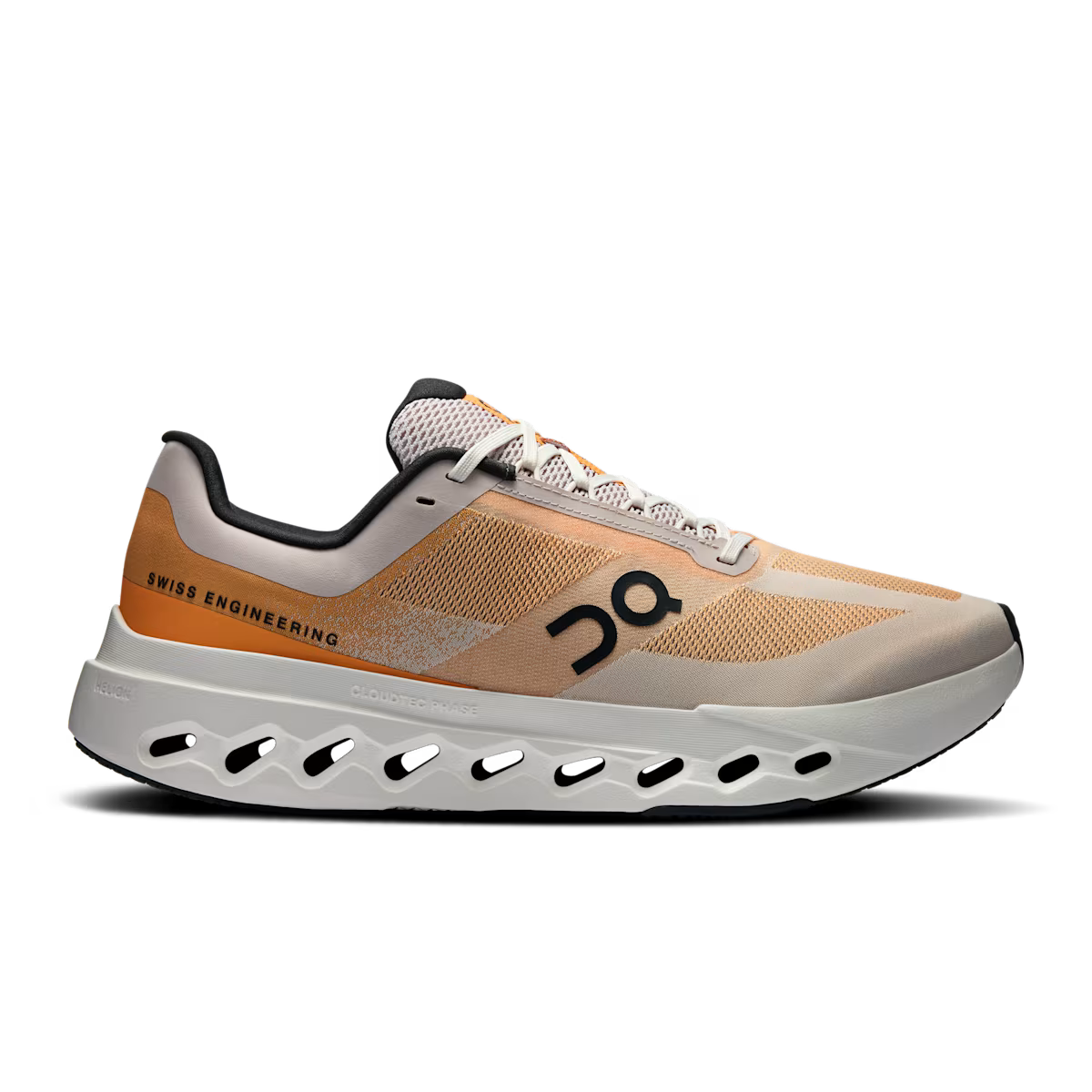Side view on white background of Mens On Cloudsurfer Next running shoe in Tangerine/Ivory, Medium (Regular) width