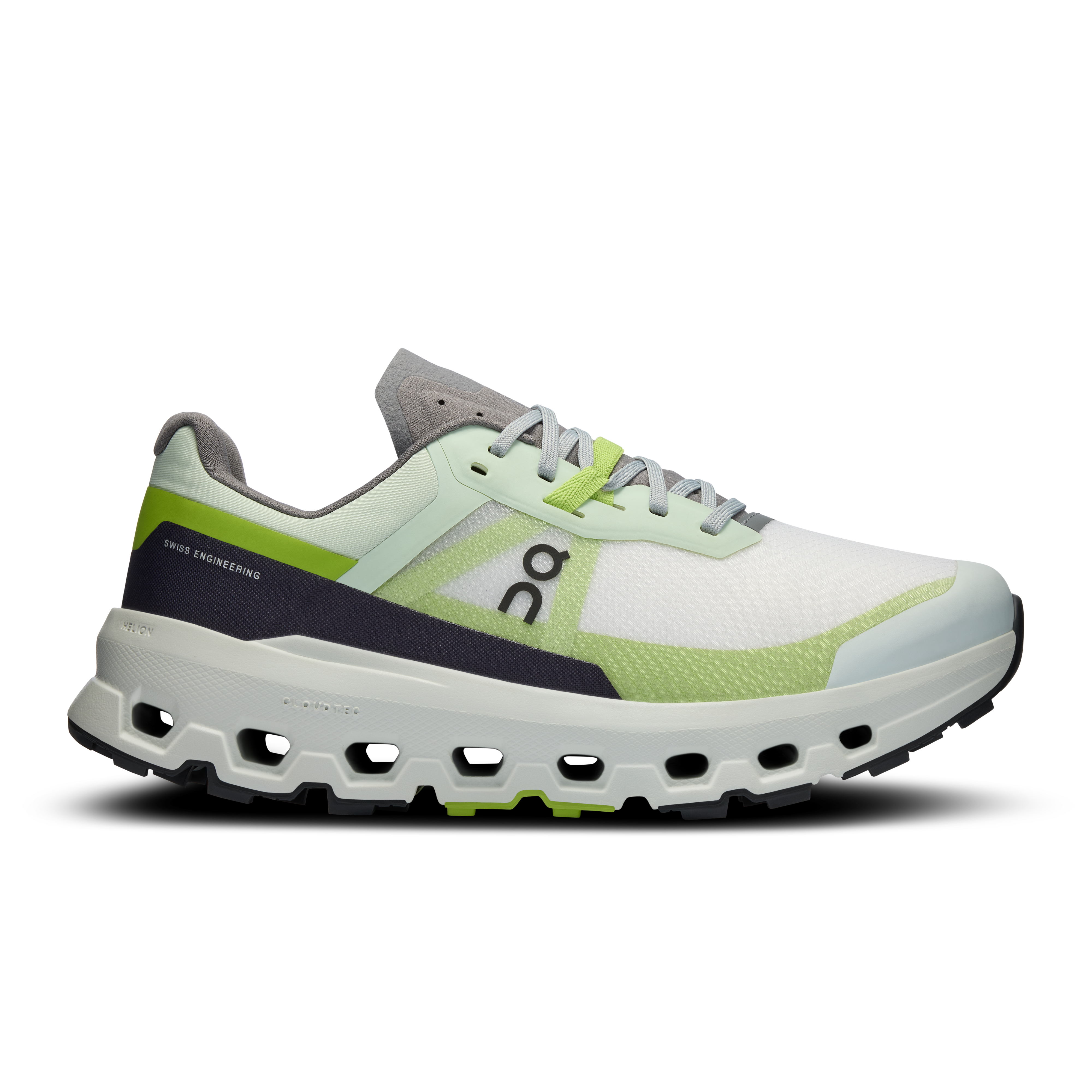 Side view on white background of Womens On Cloudvista 2 running shoe in Lima/Kiwi, Medium (Regular) width