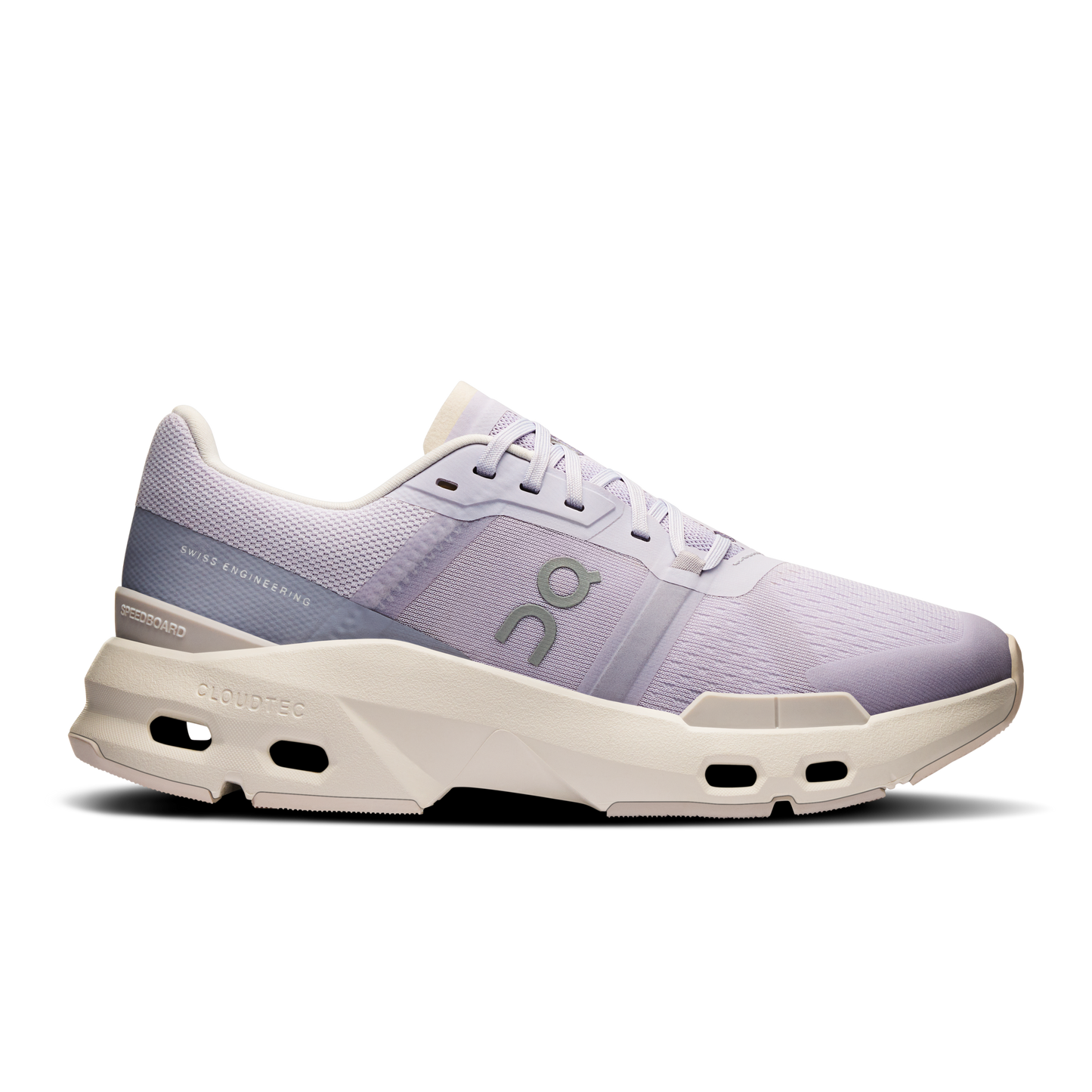 Side view on white background of Womens On Cloudpulse running shoe in Raindrop/Stone, Medium (Regular) width