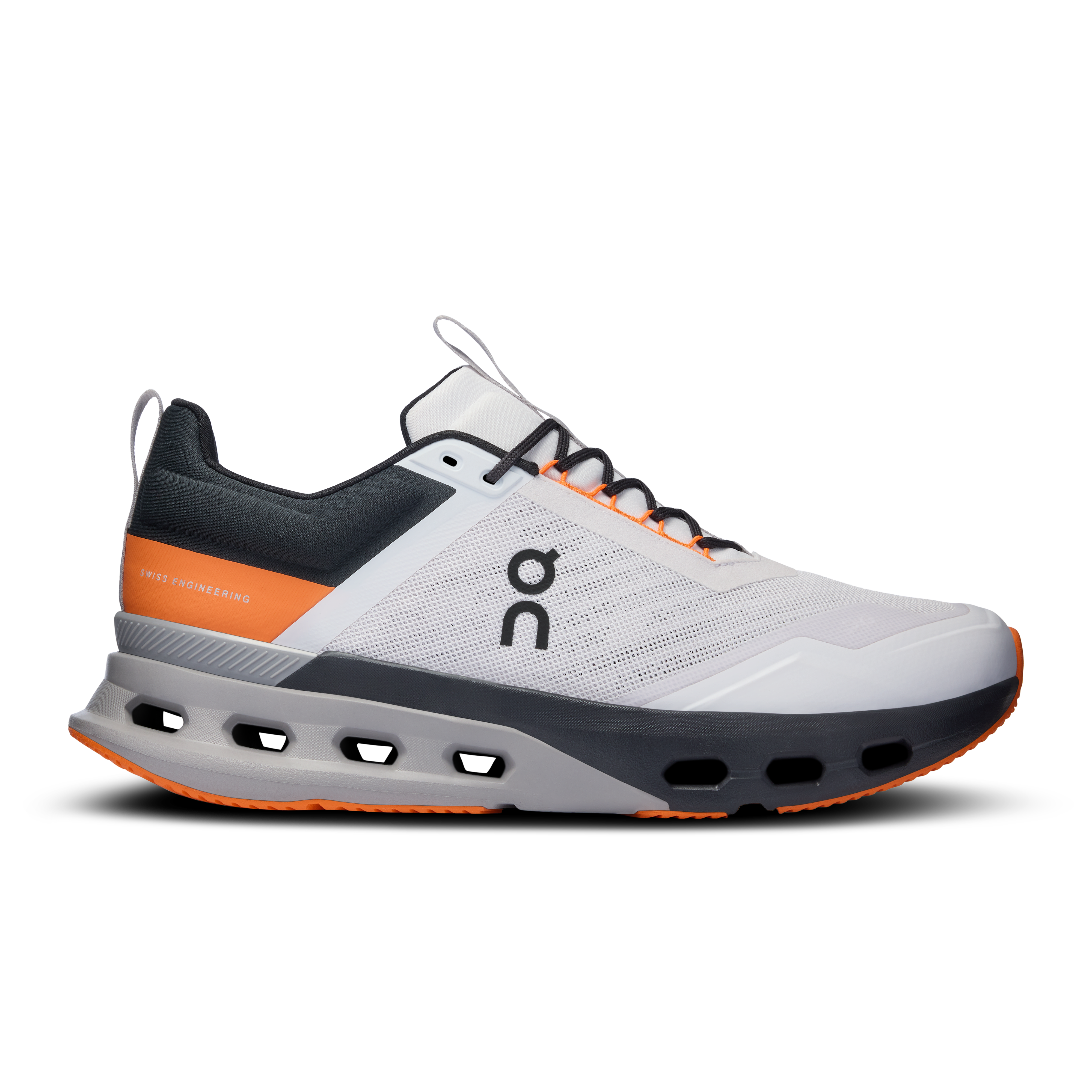 Side view on white background of Mens On Cloudnova X running shoe in Frost/Orange, Medium (Regular) width