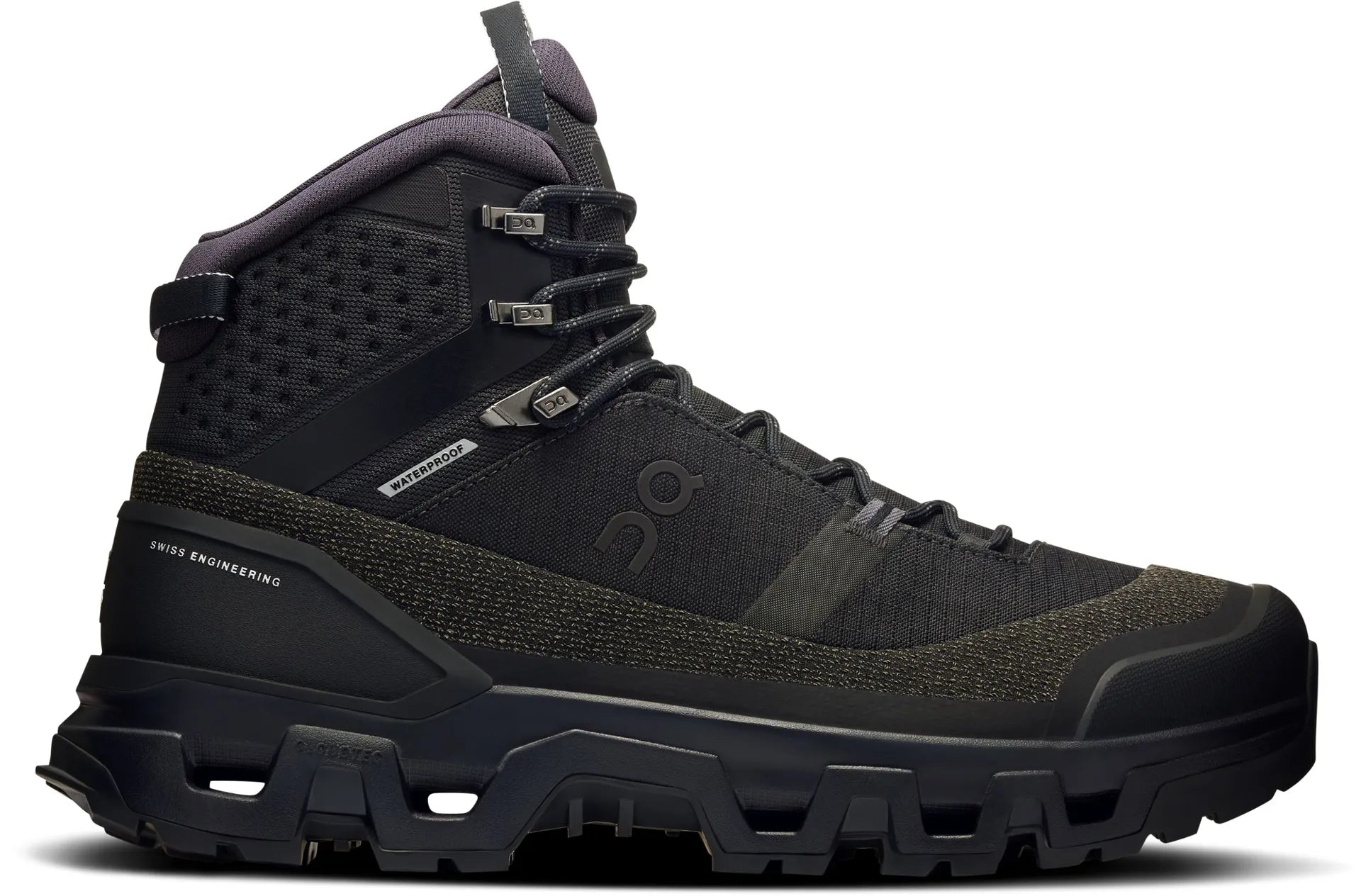 Side view on white background of Mens On Cloudrock Trek WP running shoe in Black/Black, Medium (Regular) width