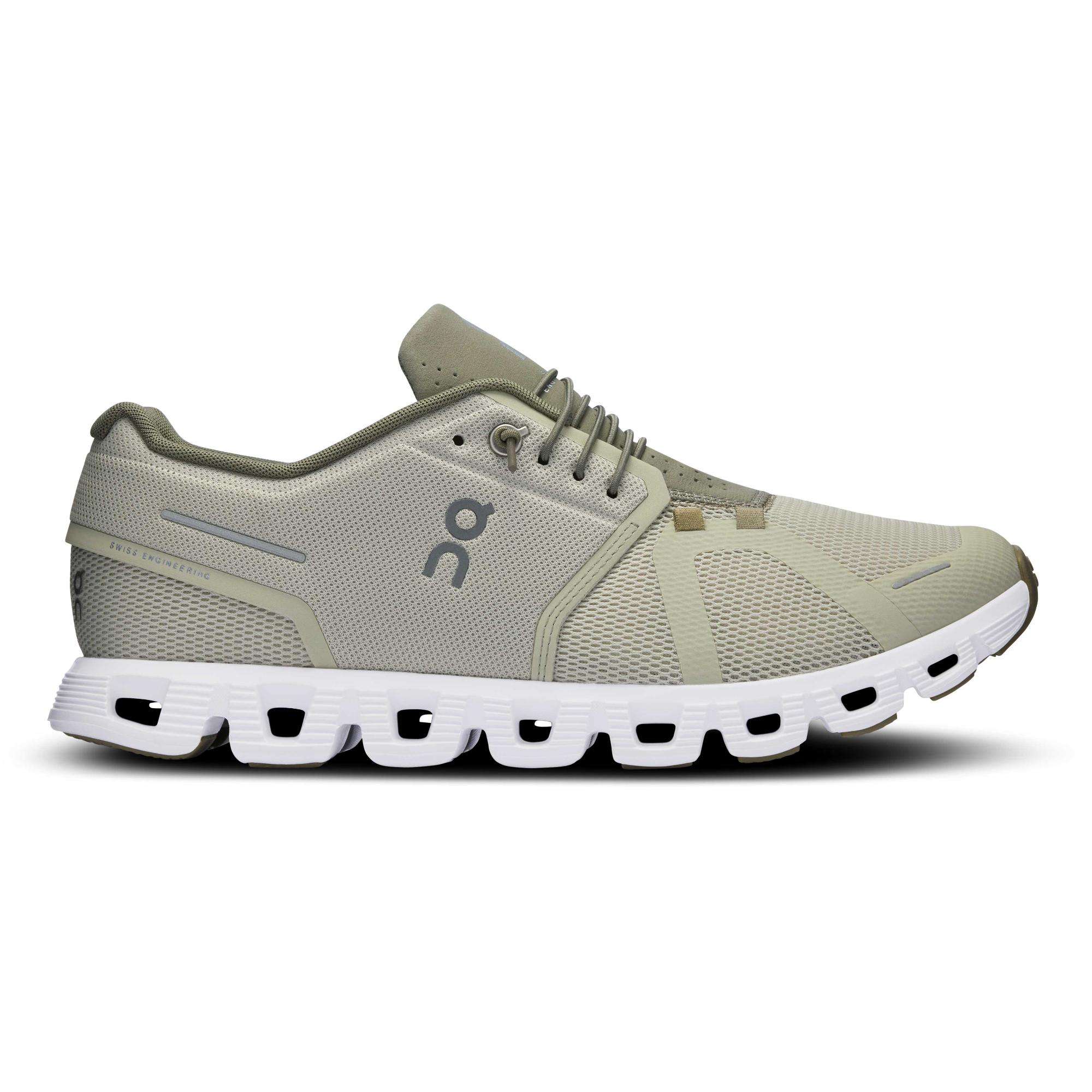 Side view on white background of Mens On Cloud 5 running shoe in Chalk/Grove, Medium (Regular) width