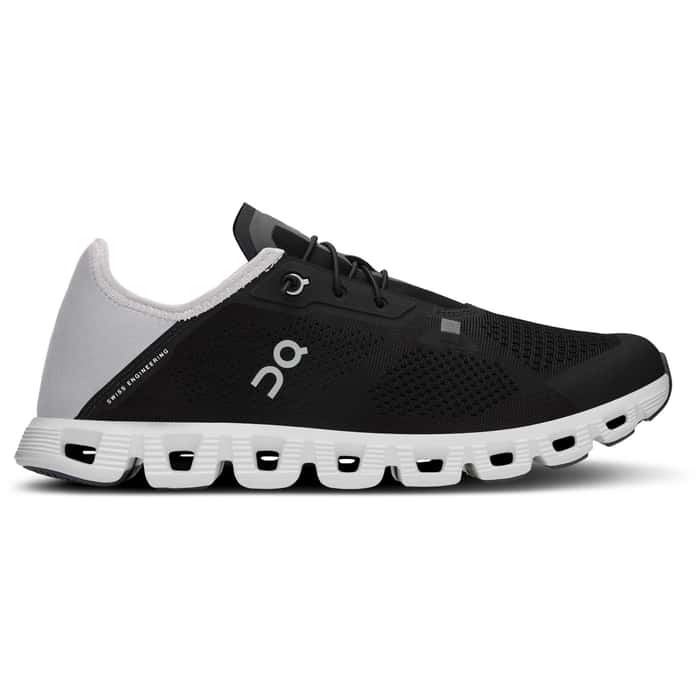 Side view on white background of Mens On Cloud 5 Coast running shoe in Black/Shadow, Medium (Regular) width
