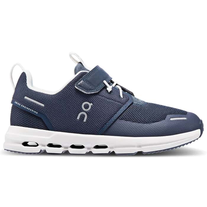 Side view on white background of Kids On shoe in Midnight/White, Medium (Regular) width