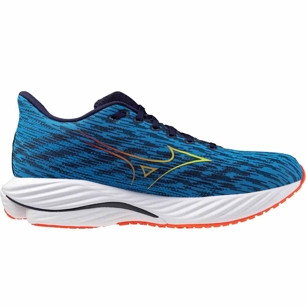 Side view on white background of Mens Mizuno Wave Rider running shoe in Blue Pace/Green Gecko, Medium (Regular) width