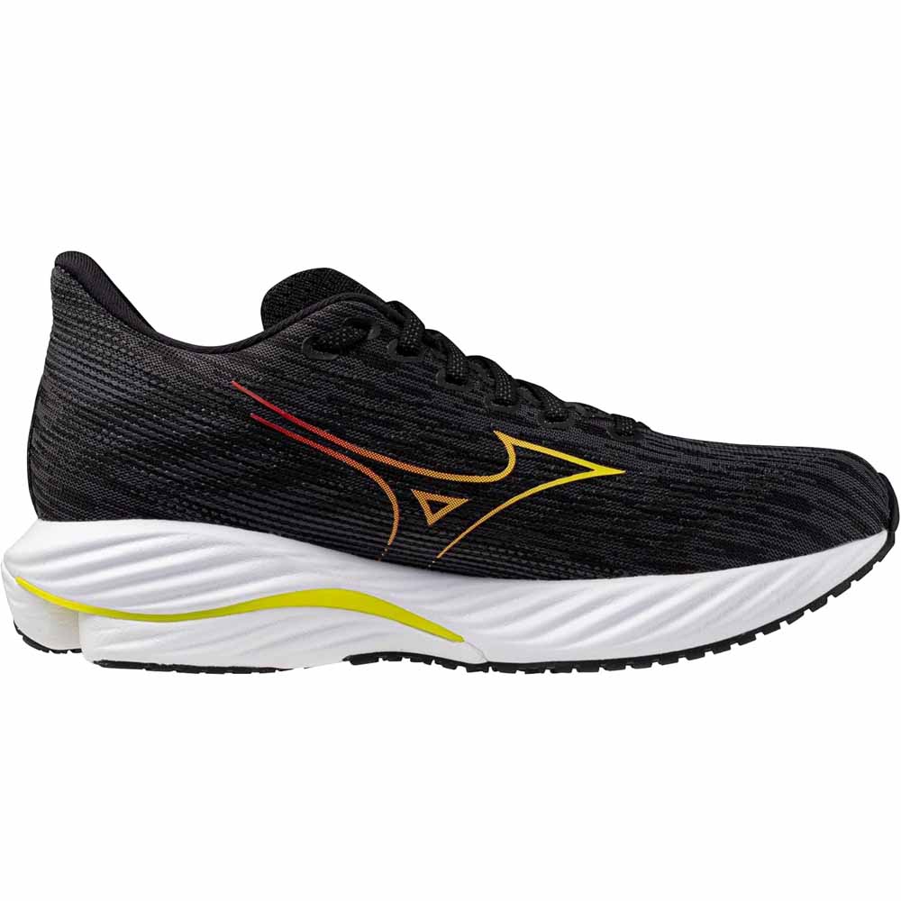 Side view on white background of Womens Mizuno Wave Rider running shoe in Black/Evening Primrose, Medium (Regular) width