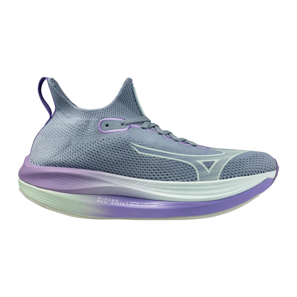 Side view on white background of Womens Mizuno Neo Vista running shoe in Citadel/Bay, Medium (Regular) width