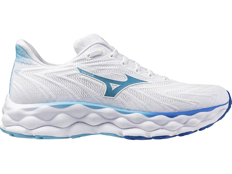 Side view on white background of Womens Mizuno Wave Sky 8 running shoe in White/Moroccan Blue, Medium (Regular) width