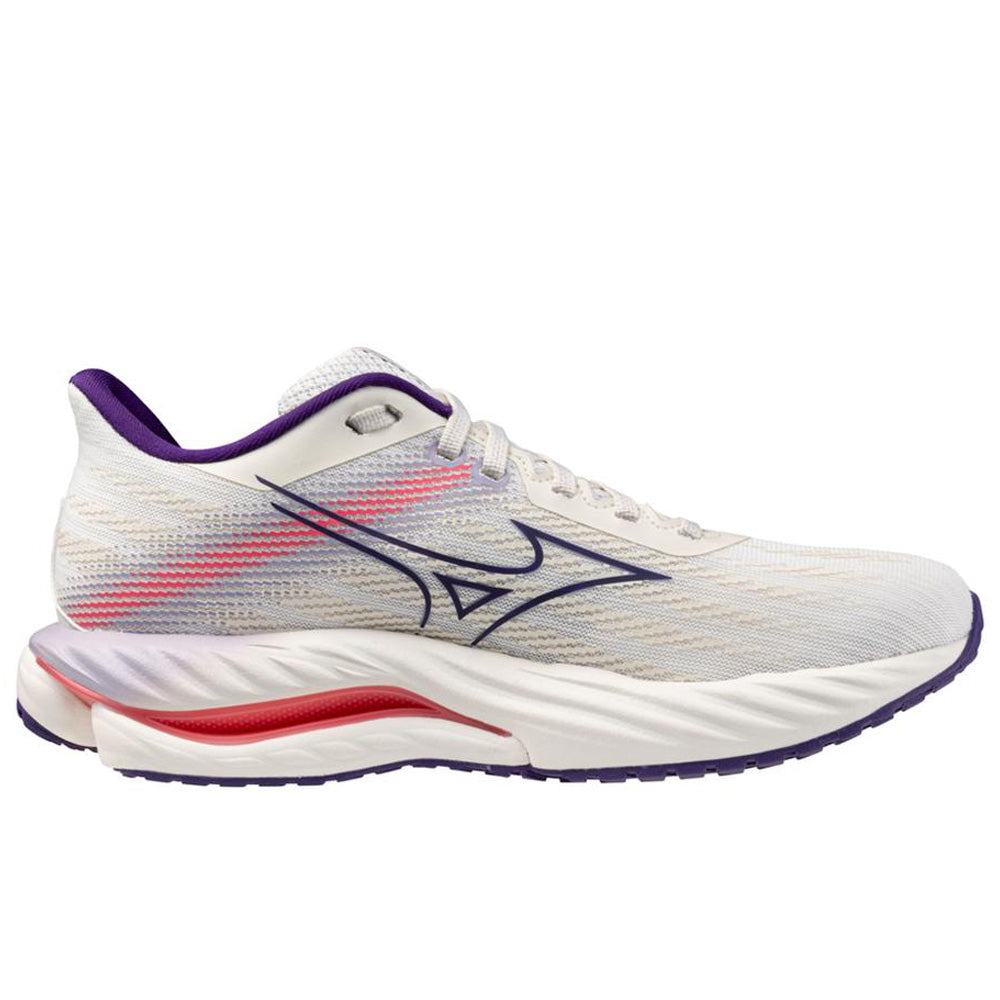 Side view on white background of Womens Mizuno Wave Inspire running shoe in White/Vintage Indigo, Medium (Regular) width
