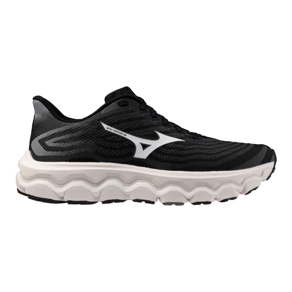 Side view on white background of Womens Mizuno Wave Horizon 8 running shoe in Black/White, Wide width