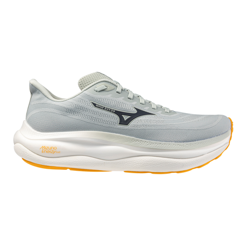 Side view on white background of Womens Mizuno Wave Sky 9 running shoe in Mercury/Baritone Blue, Medium (Regular) width