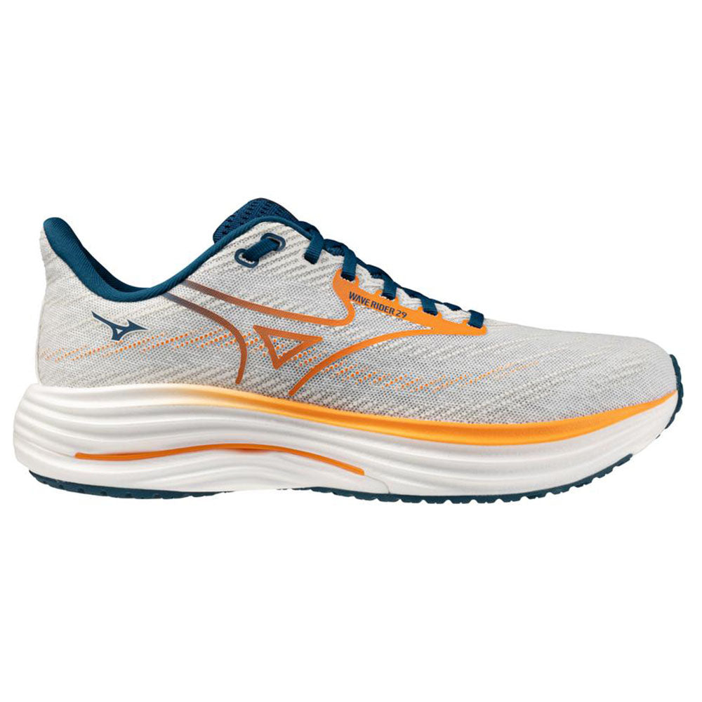 Side view on white background of Mens Mizuno Wave Rider running shoe in Gf White/Autumn Sunset, Medium (Regular) width