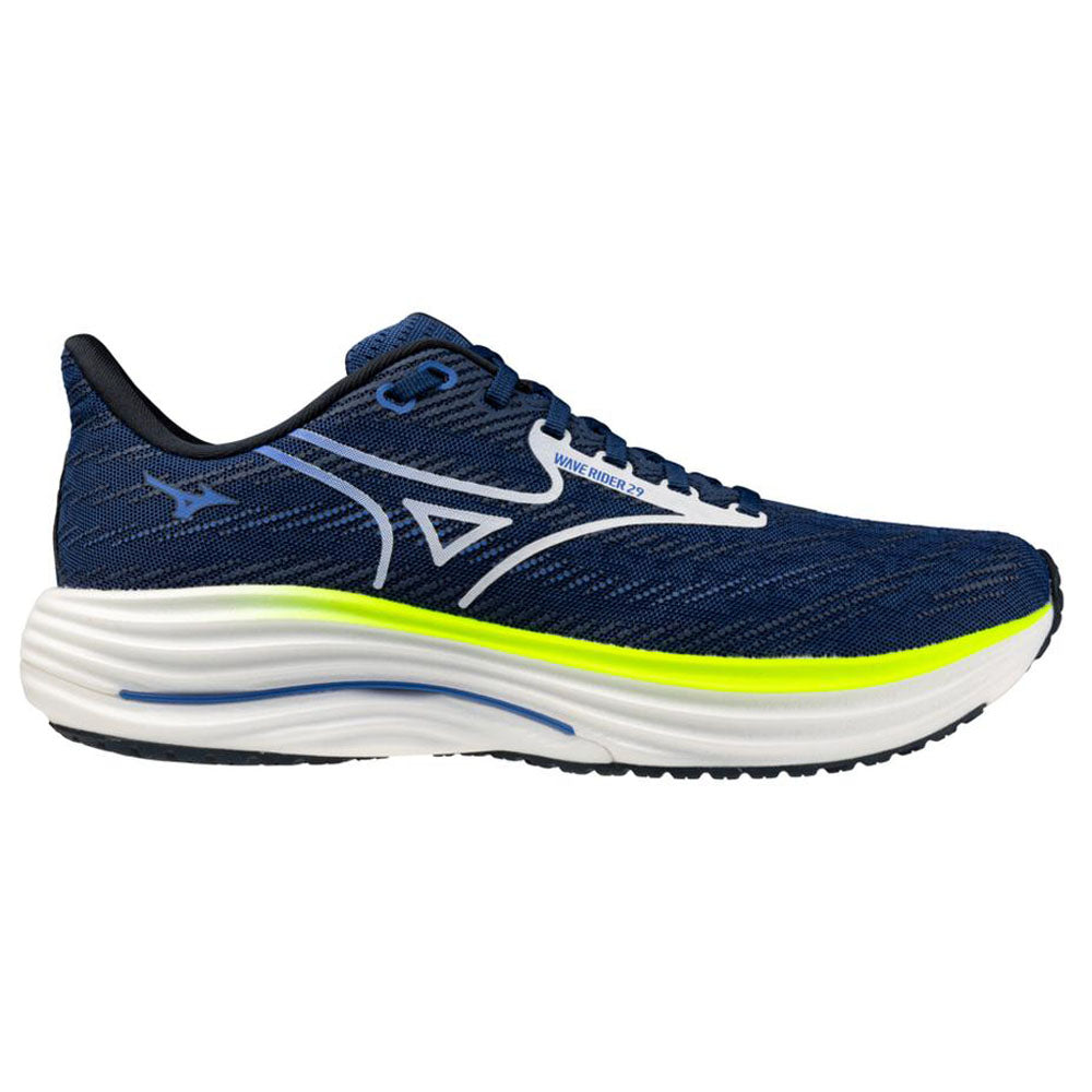 Side view on white background of Mens Mizuno Wave Rider running shoe in Estate Blue/White, Medium (Regular) width