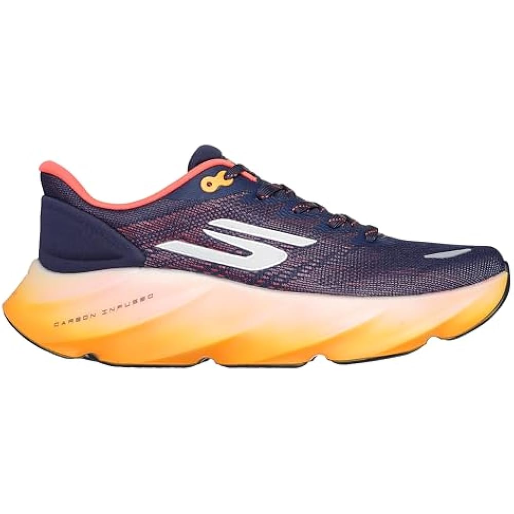 Side view on white background of Mens Skechers Aero Burst running shoe in Navy/Orange, Medium (Regular) width