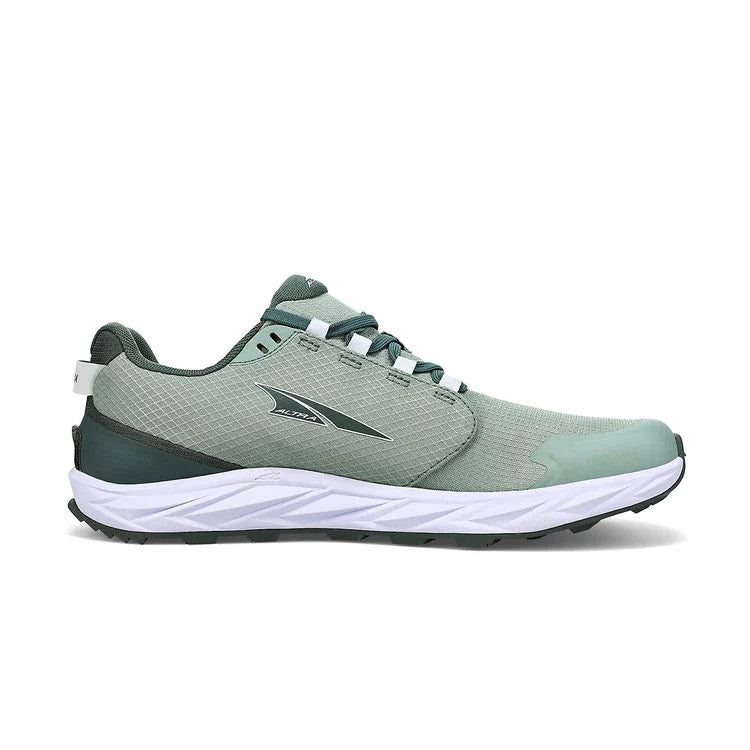 Side view on white background of Womens Altra Superior 6 running shoe in Green, Medium (Regular) width