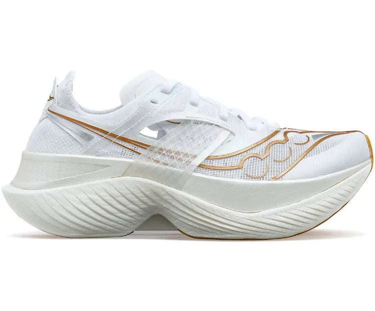 Side view on white background of Womens Saucony Endorphin Elite running shoe in White/Gold, Medium (Regular) width