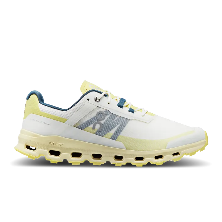 Side view on white background of Mens On Cloudvista running shoe in Ivory/Endive, Medium (Regular) width