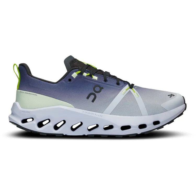 Side view on white background of Mens On Cloudsurfer Trail WP running shoe in Black/Heather, Medium (Regular) width