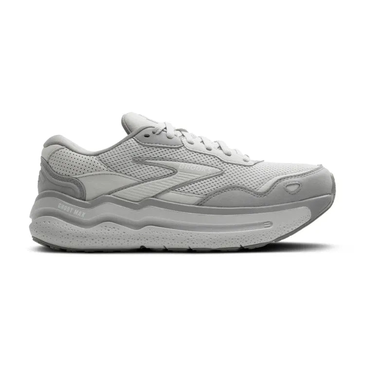 Side view on white background of Womens Brooks Ghost Max SE running shoe in Oyster/Alloy/Antarctica, Medium (Regular) width