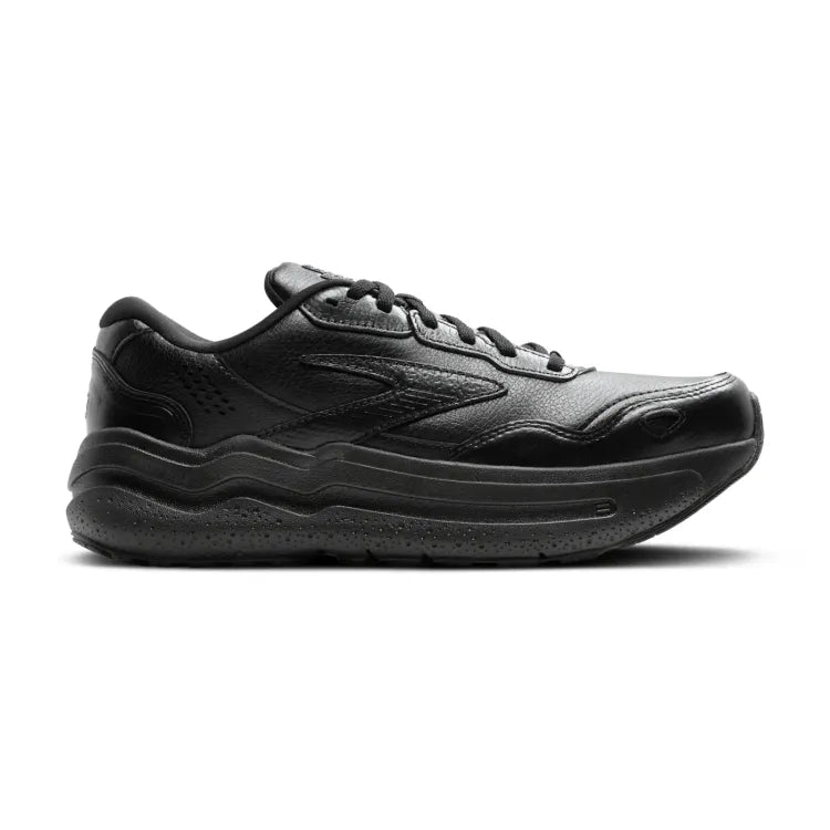 Side view on white background of Mens Brooks Ghost Max L running shoe in Black/Black, Wide width
