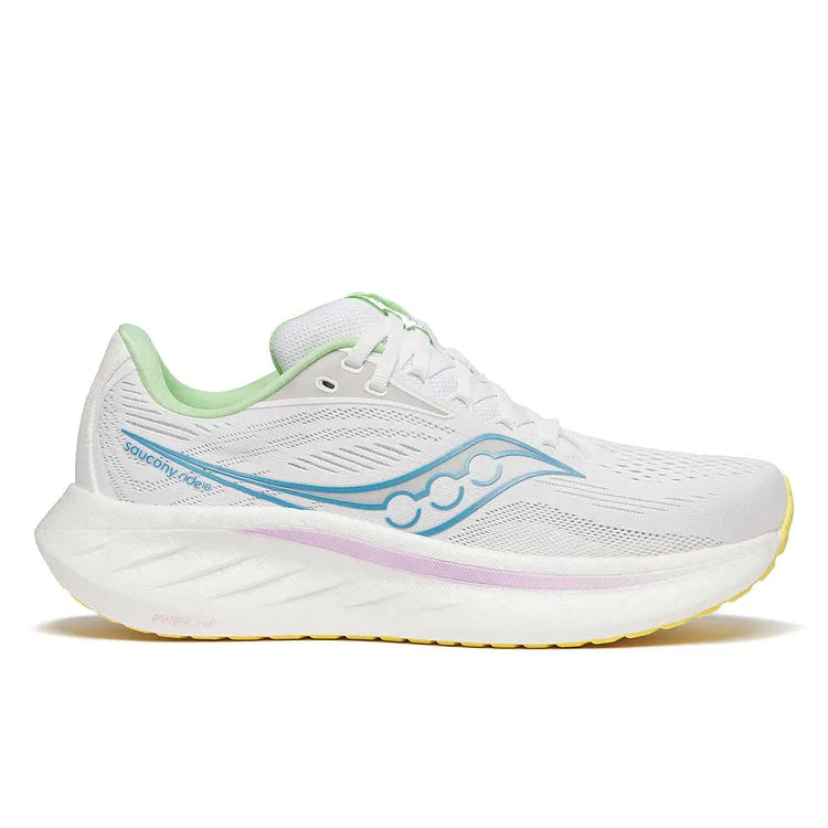 Side view on white background of Womens Saucony Ride 18 running shoe in White/Verbana, Medium (Regular) width