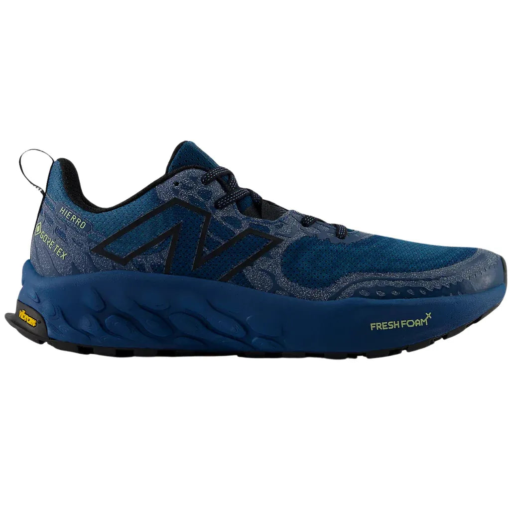 Side view on white background of Womens New Balance Fresh Foam X Hierro V8 GTX running shoe in Deep Sea/Black/Everglade Green, Medium (Regular) width