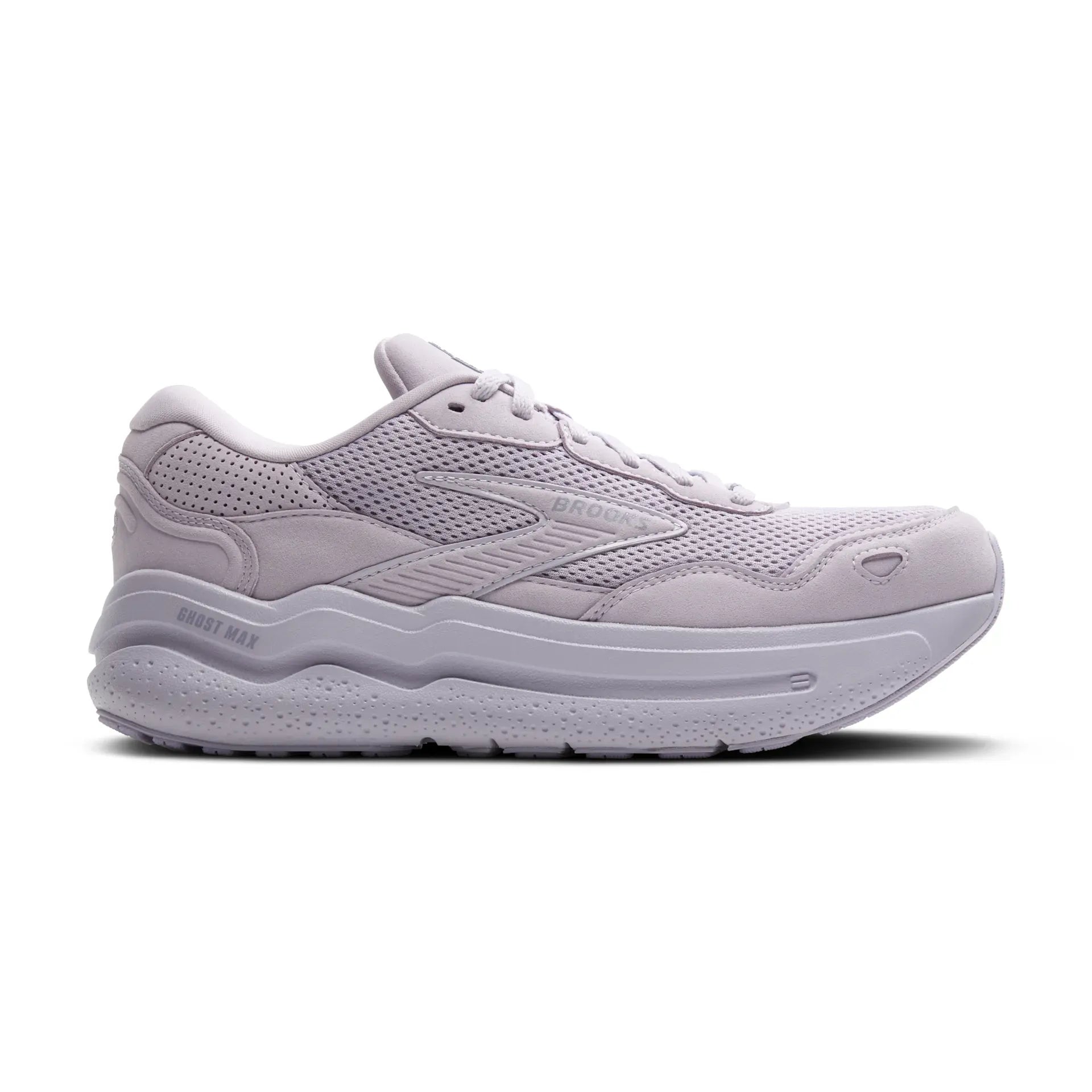 Side view on white background of Womens Brooks Ghost Max running shoe in Lilac/Lavender, Medium (Regular) width