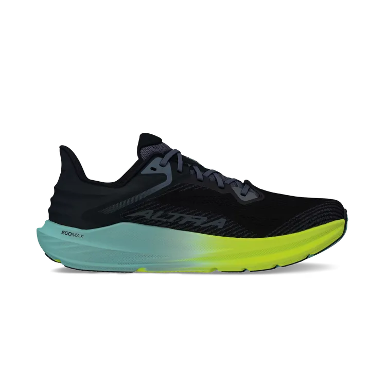 Side view on white background of Mens Altra Torin 8 running shoe in Black/Lime, Wide width
