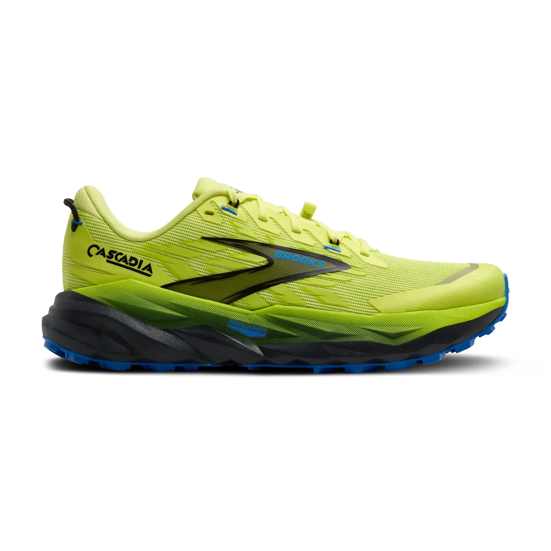 Side view on white background of Mens Brooks Cascadia 19 running shoe in Sunny Lime/Black/Blue, Medium (Regular) width