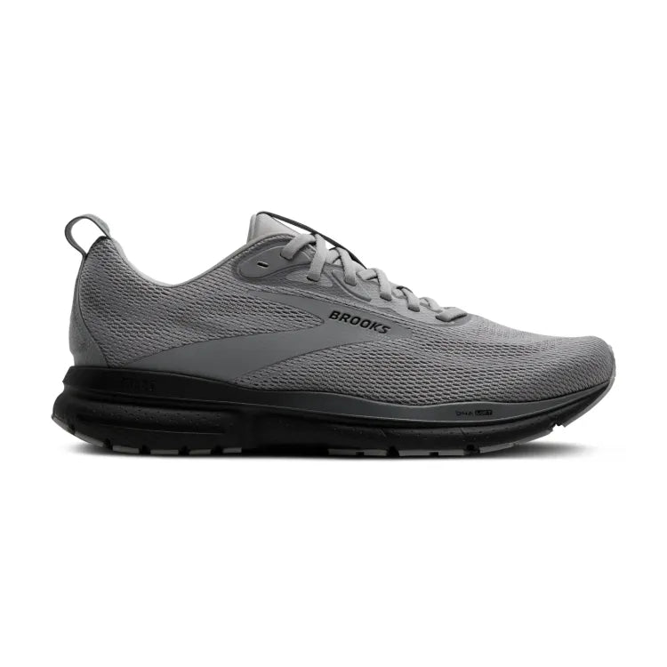 Side view on white background of Mens Brooks Trace 4 running shoe in Grey/Black/Ebony, Medium (Regular) width