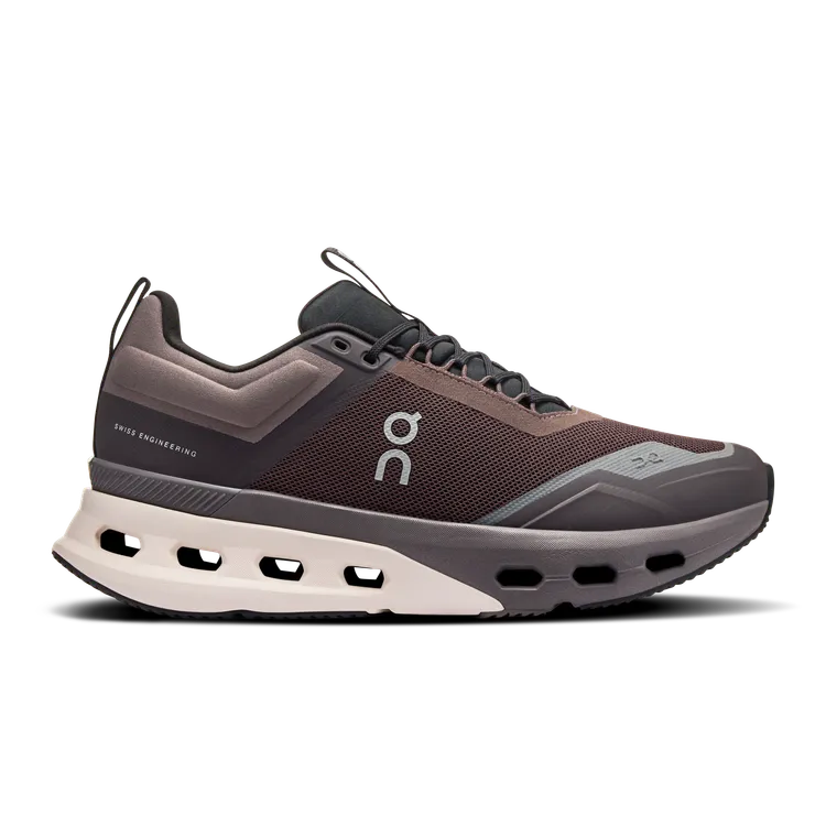 Side view on white background of Womens On Cloudnova X running shoe in Pebble/Black, Medium (Regular) width