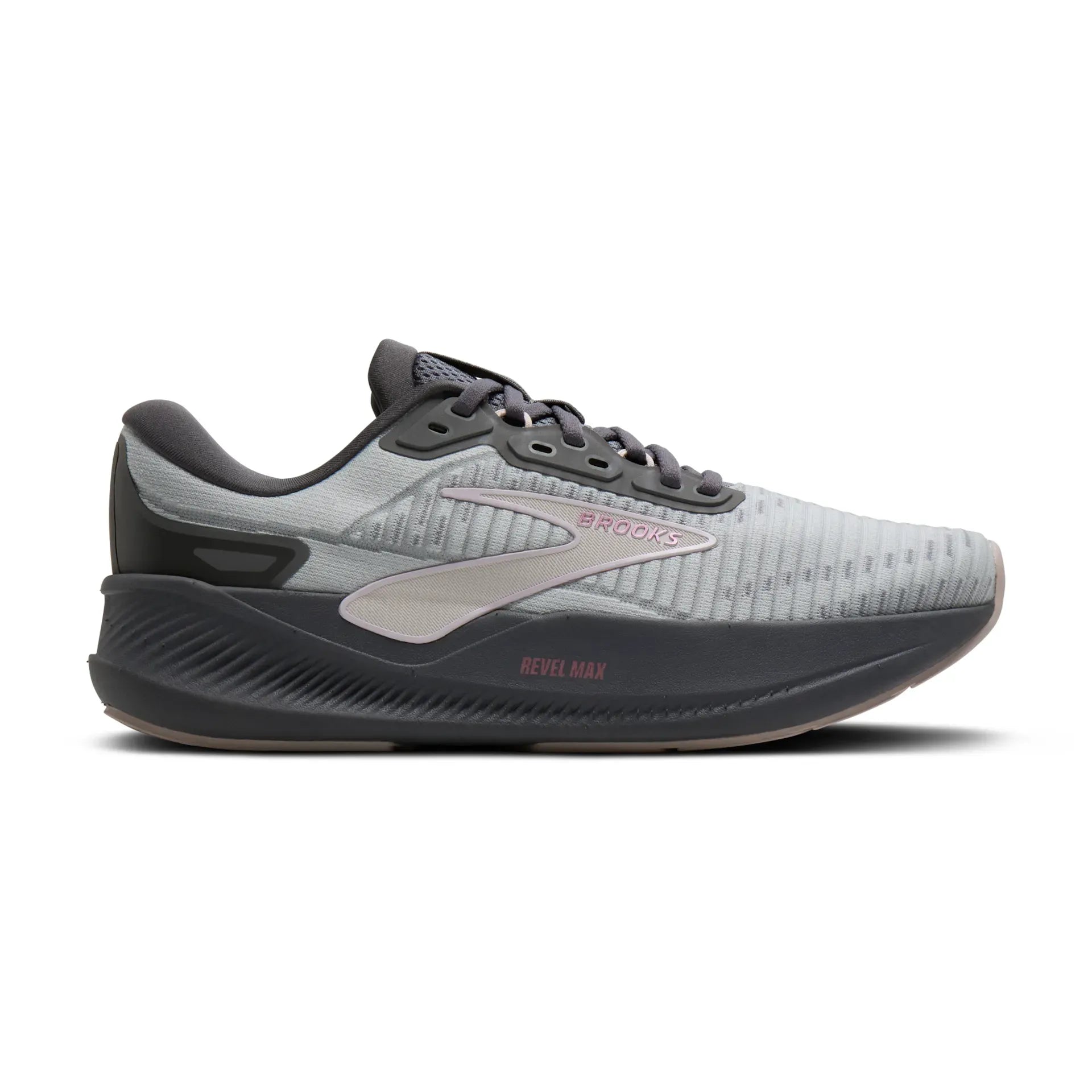 Side view on white background of Womens Brooks Revel Max running shoe in Harbor Mist/Grey/Metallic, Medium (Regular) width