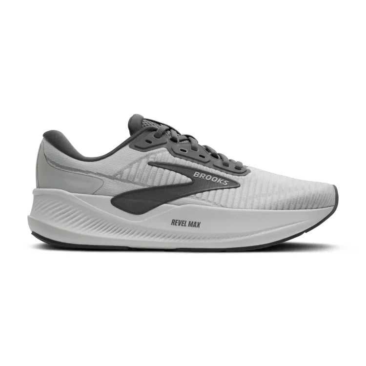 Side view on white background of Mens Brooks Revel Max running shoe in Oyster Mushroom/Poppy Seed, Medium (Regular) width