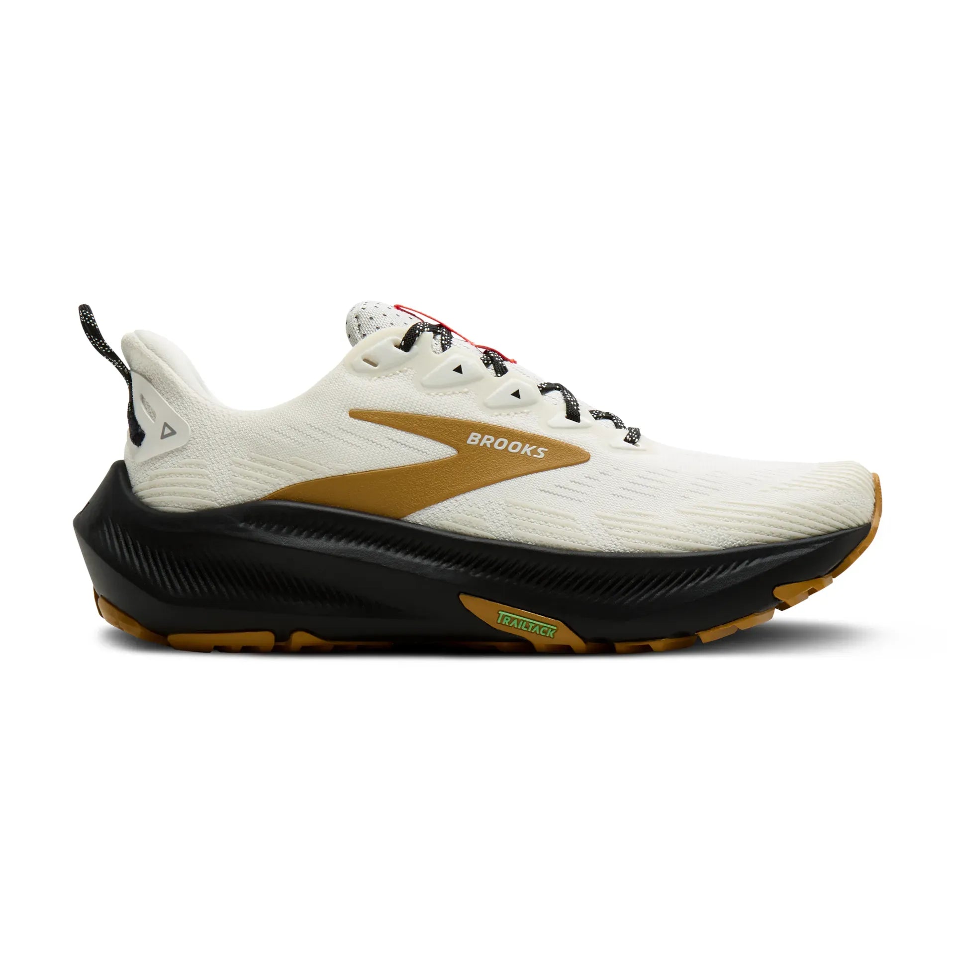 Side view on white background of Mens Brooks Ghost Trail running shoe in Coconut/Black/Coyote, Medium (Regular) width