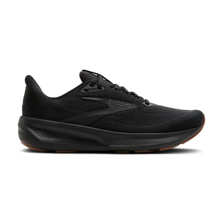 Side view on white background of Mens Brooks Revel 9 running shoe in Black/Ebony/Biscuit, Medium (Regular) width