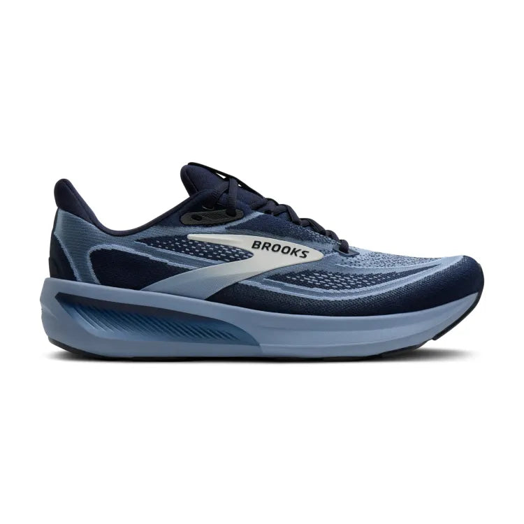 Side view on white background of Mens Brooks Revel 9 running shoe in Navy/Blue/Blue Wash, Medium (Regular) width