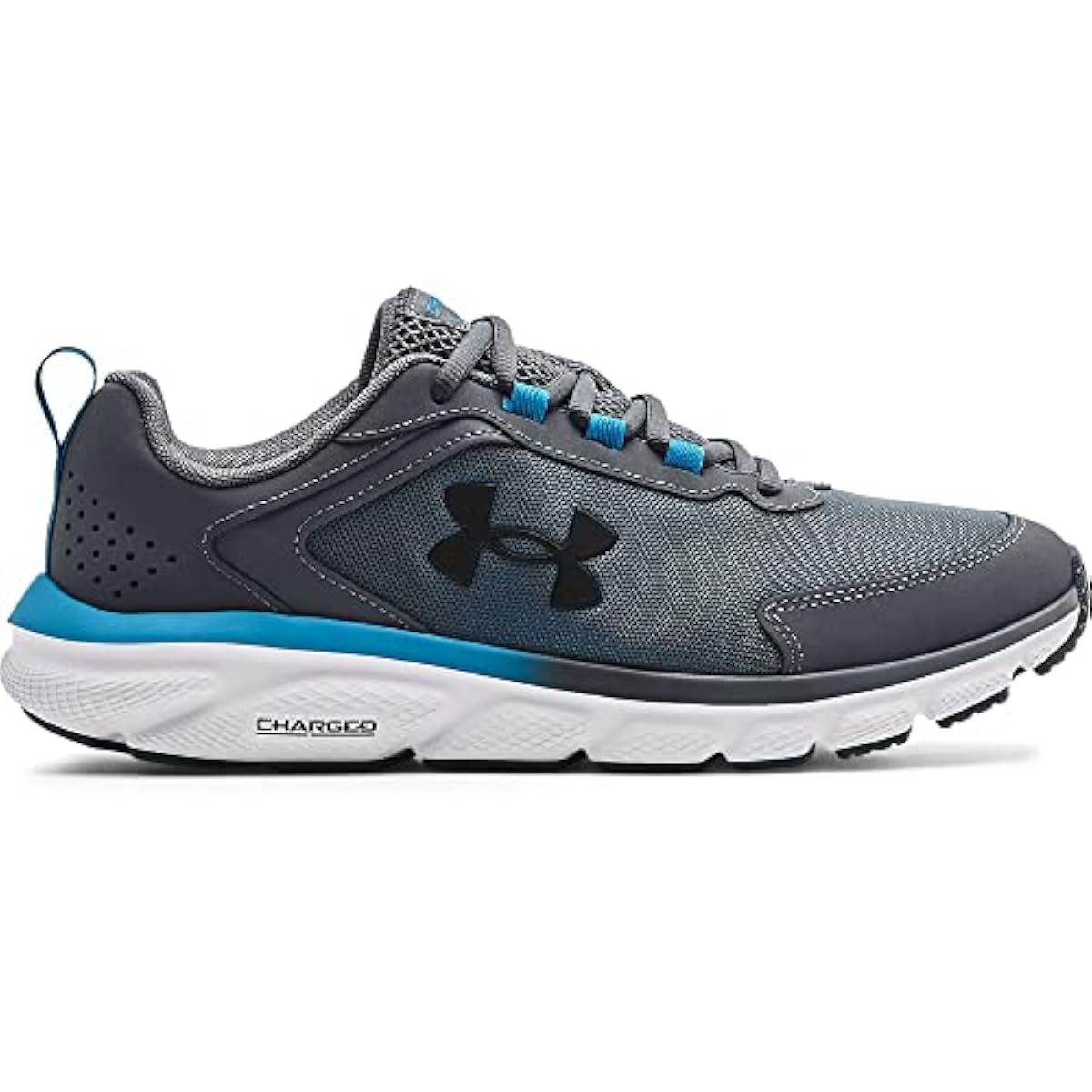Side view on white background of Mens Under Armour Charged Assert 9 running shoe in Pitch Gray/Capri/Black, Medium (Regular) width