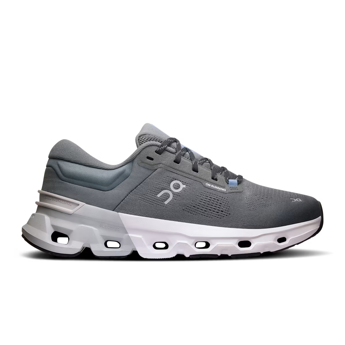 Side view on white background of Mens On Cloudflyer 5 running shoe in Stone/Glacier, Medium (Regular) width